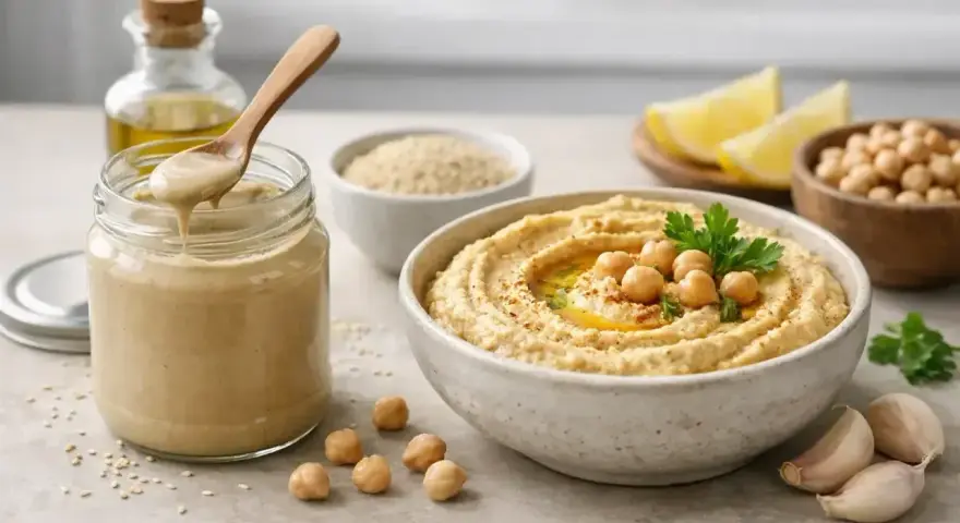 Pyszny hummus z ciecierzycy, oliwy i czosnku. W słoiku kremowe tahini, kluczowy składnik tej pasty.