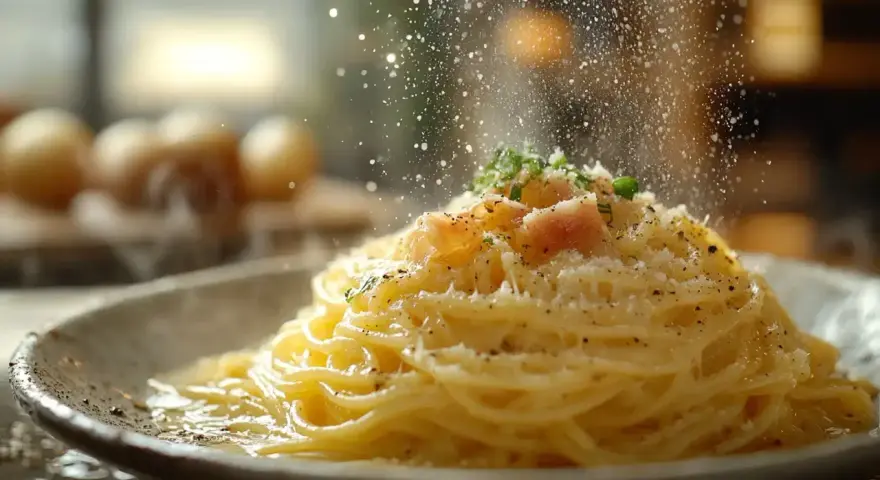 Pyszna carbonara posypana parmezanem, idealny ser do carbonary. W tle widać jajka, składniki do dania.