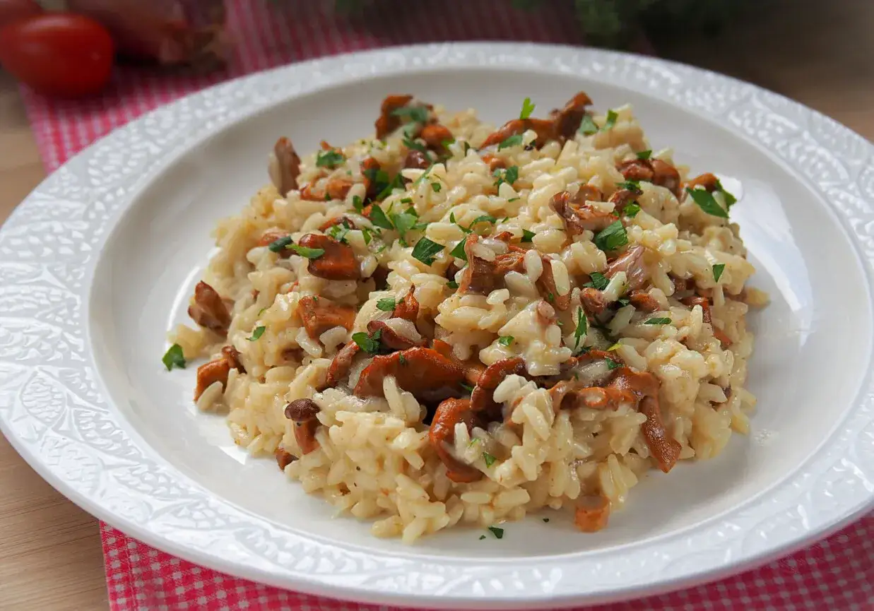 Pyszne risotto z kurkami, posypane świeżą natką pietruszki, na białym talerzu z ozdobnym rantem.
