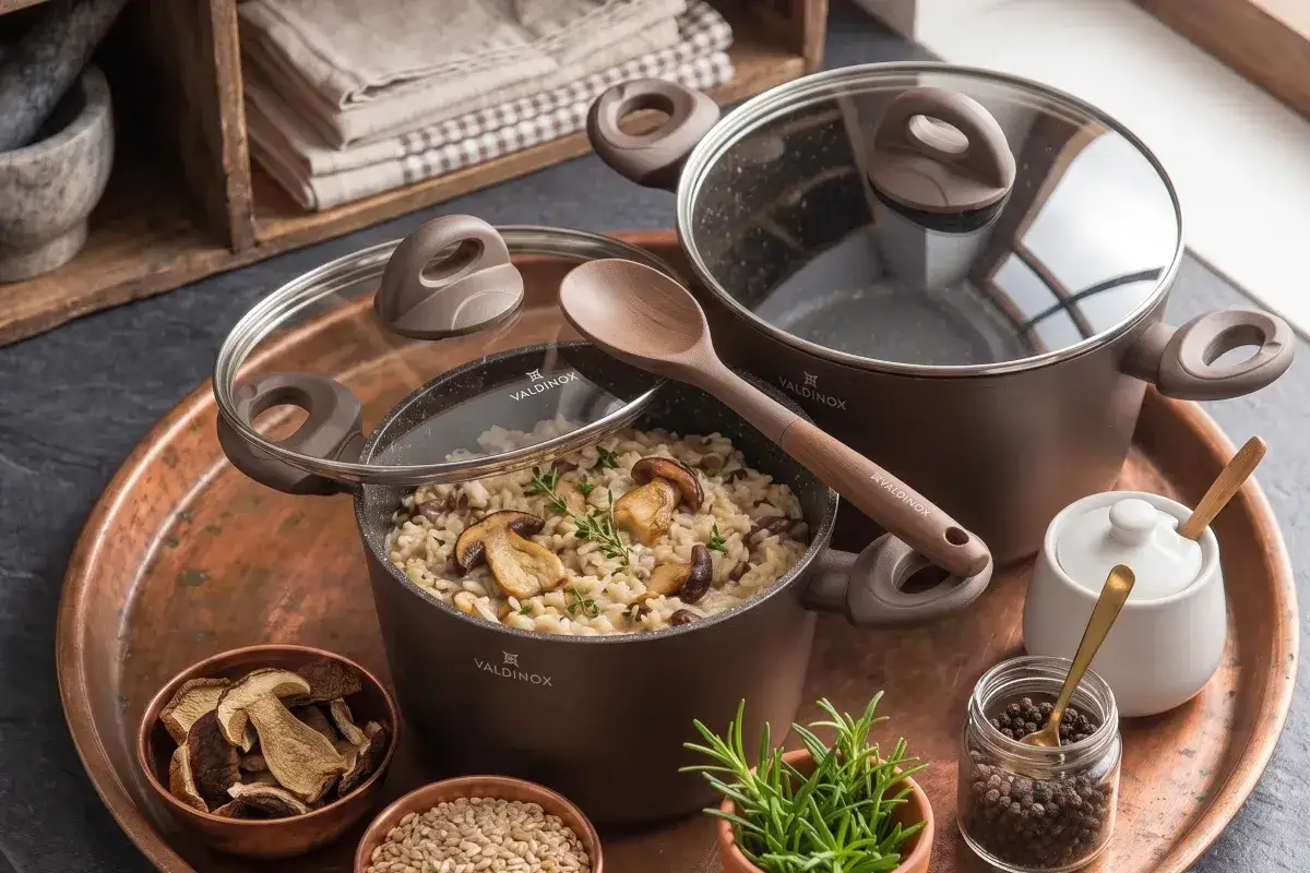 Garnki aluminiowe Valdinox z pysznym risotto z grzybami. Czy garnki aluminiowe są zdrowe? Zależy od powłoki.