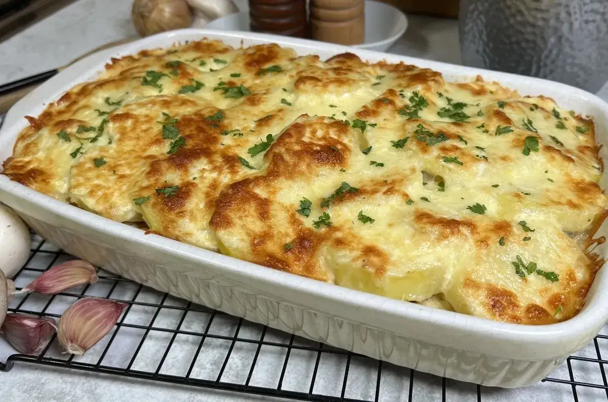 Pyszna zapiekanka z pieczarkami i ziemniakami, zapieczona pod złotym serem, posypana świeżą natką pietruszki.