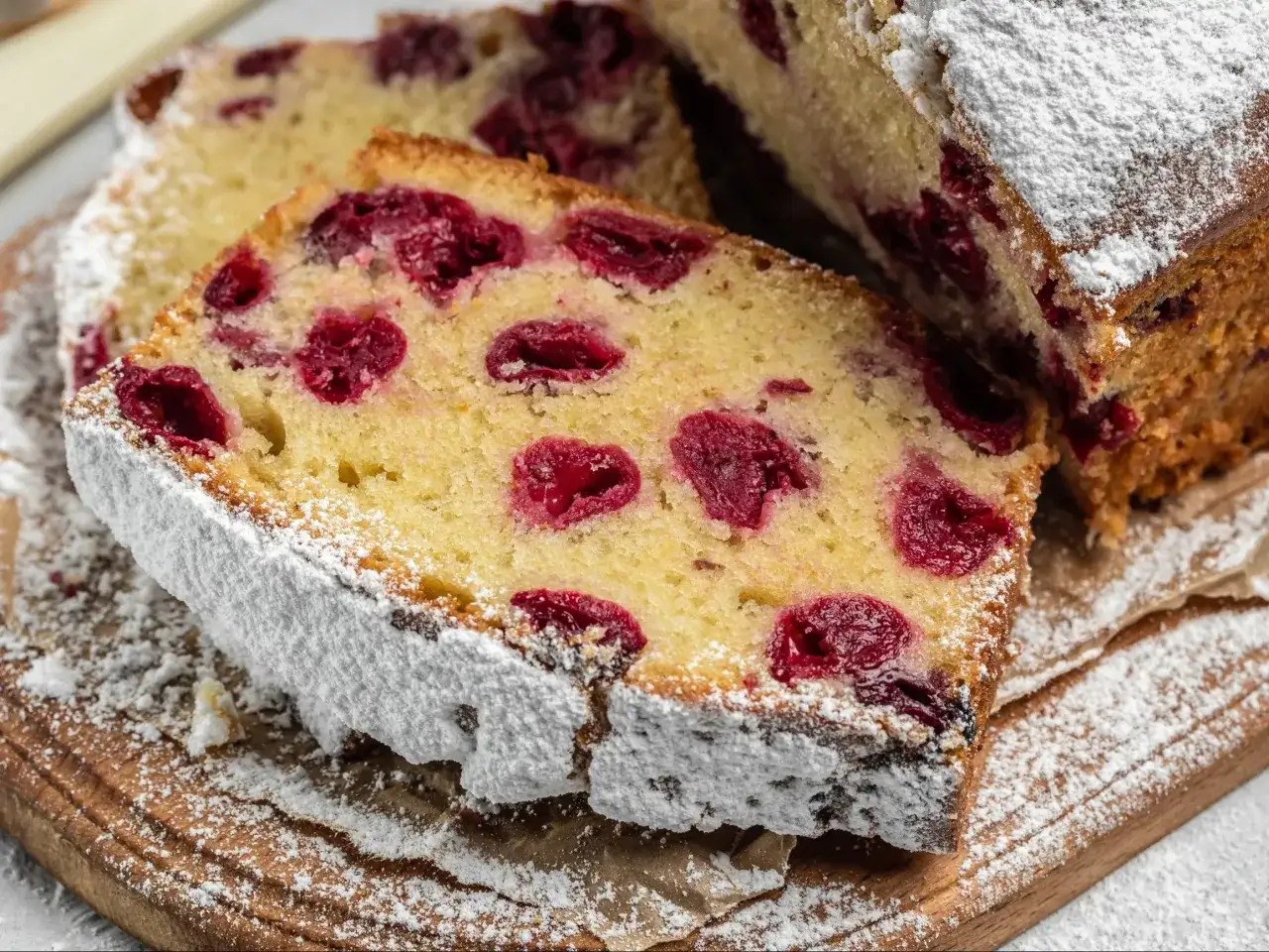 Pyszne ciasto z wiśniami, posypane cukrem pudrem, na drewnianej desce.